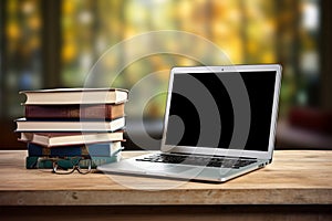 Books with laptop on table blur background