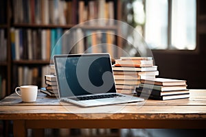 Books with laptop on table blur background