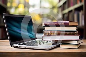 Books with laptop on table blur background