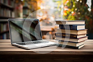 Books with laptop on table blur background