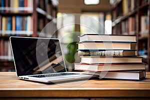 Books with laptop on table blur background