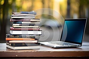 Books with laptop on table blur background