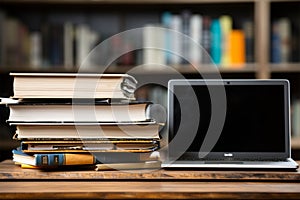 Books with laptop on table blur background