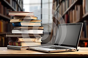 Books with laptop on table blur background