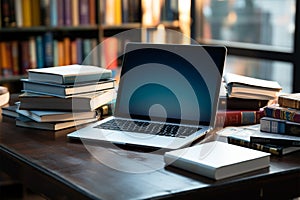 Books with laptop on table blur background