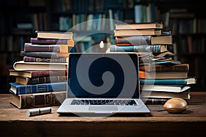 Books with laptop on table blur background