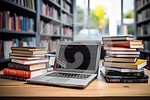 Books with laptop on table blur background