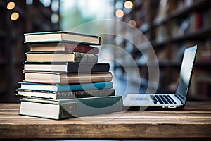 Books with laptop on table blur background