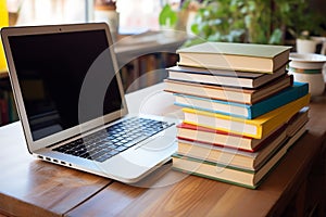 Books with laptop on table blur background