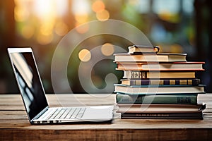 Books with laptop on table blur background