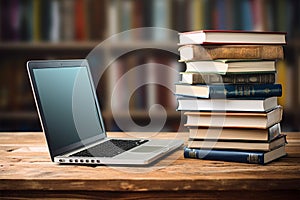 Books with laptop on table blur background