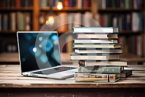 Books with laptop on table blur background