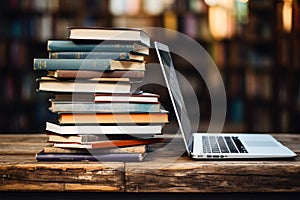 Books with laptop on table blur background