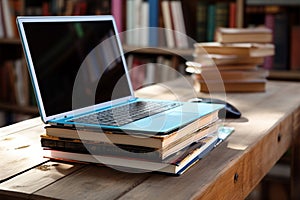 Books with laptop on table blur background