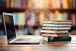 Books with laptop on table blur background