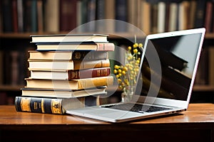 Books with laptop on table blur background