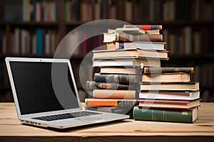 Books with laptop on table blur background