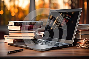 Books with laptop on table blur background