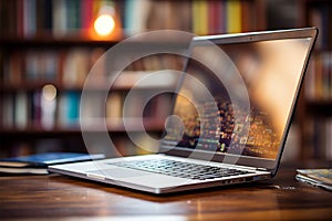 Books with laptop on table blur background