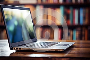 Books with laptop on table blur background