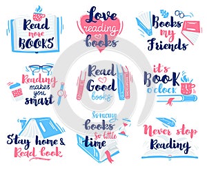 Books lettering quotes. Reading hand drawn lettering, motivation library reading phrases vector illustration icons set