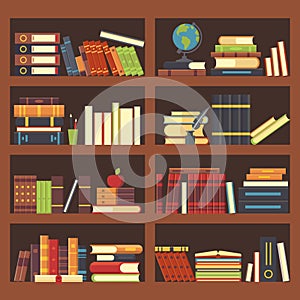 Books in library bookcase. Encyclopedia book at bookshelf. Pile textbooks and magazines at bookshelves vector background photo