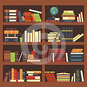 Books in library bookcase. Encyclopedia book at bookshelf. Pile textbooks and magazines at bookshelves vector background