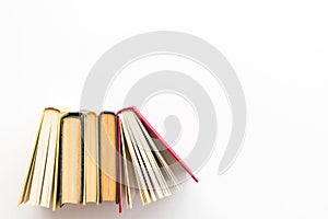 Books on library desk for reading and education on white background top view mockup