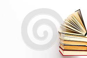 Books on library desk for reading and education on white background top view mockup