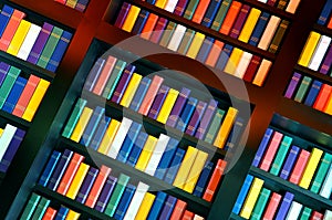 Books on library shelves