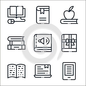 books line icons. linear set. quality vector line set such as ereader, laptop, braille, book, audio book, book