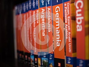 Books of the Lonely Planet series on the bookcase with only the book of Germany in focus