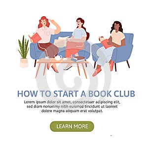 Group of woman sitting on sofa and listening to girl reading book. Books lover club vector landing page