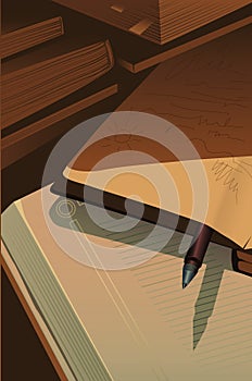 Books and moleskin with pen