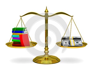 Books and money on scales. Isolated 3D