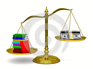 Books and money on scales. Isolated 3D