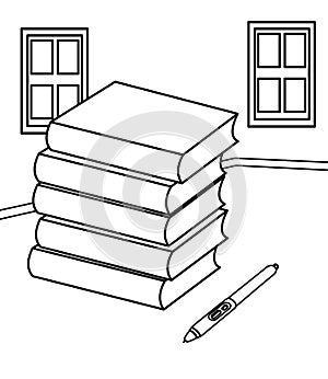 Books and a pen coloring page