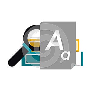 Books piled with magnifying glass and document