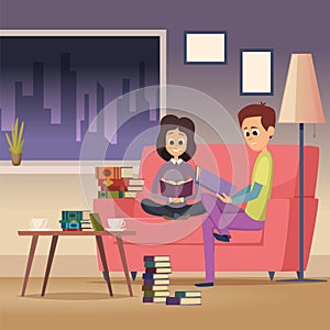 Books readers. man and woman sitting on sofa in living room and reading book. Vector background