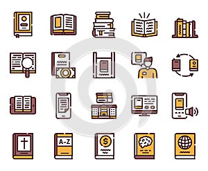Books reading color linear vector icons set