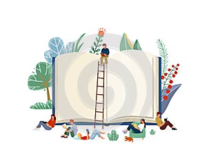 Books reading concept vector illustration. Little boys and girl read, study or learn textbook near huge book. Simple
