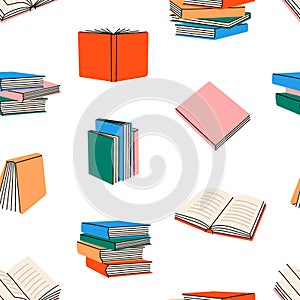 Books seamless pattern. Closed and open books line background. Literature, dictionaries, planners hand drawn pattern