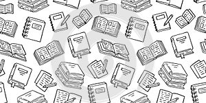 Books seamless pattern with doodle illustration. Literature education, library literature, open novel, dictionary, notes