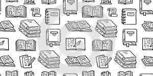 Books seamless pattern with doodle illustration. Literature education, library literature, open novel, dictionary, notes