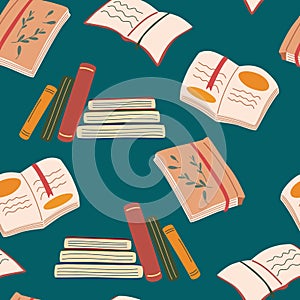 Books seamless pattern. Library, bookstore. Open book, notebook with a bookmark, stack of books. For wallpapers, wrapping, textile