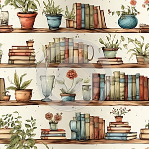 books, seamless pattern, whimsical illustration, watercolor