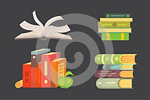 Books set in cartoon design style isolated on dark background, vector illustration.