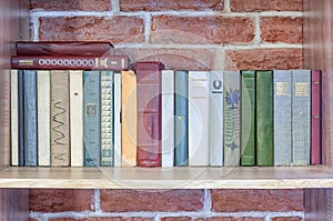 Books on a shelf against a brick wall