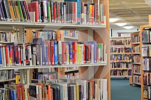 Books on a shelf in library.