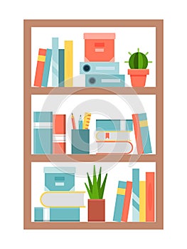 Books and shelves flat style, vector illustration. Bookshelves collection informatively educational, school paper
